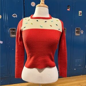 Women's Vintage Red and Cream Sweater with Embroidered Details